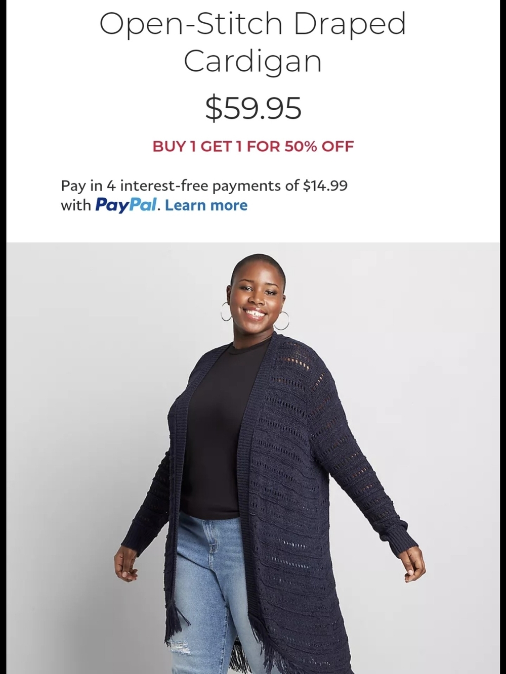 Lane Bryant Navy Open-Stitch Draped Cardigan